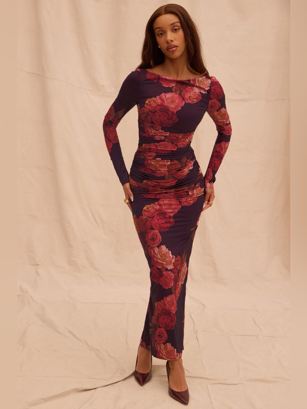 NWT House of CB Lanetta Red Burgundy Rose Floral Print Bodycon Maxi Dress L